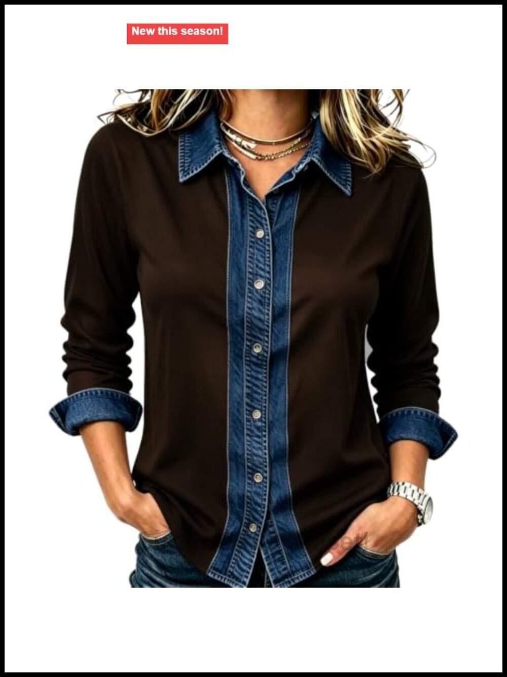 Women's Patchwork Denim Button Down Shirt Long Sleeve High Low Hem